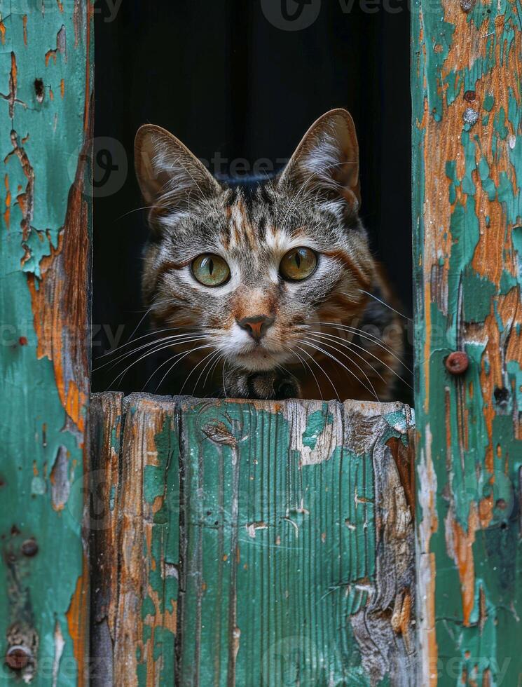ai genererad katt utseende ut av hål i gammal trä- dörr foto