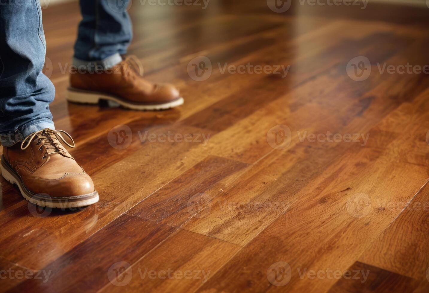 ai genererad en mannens eleganta brun skor är de fokus som han står på en polerad trä golv, antyda på en raffinerad smak i mode. foto