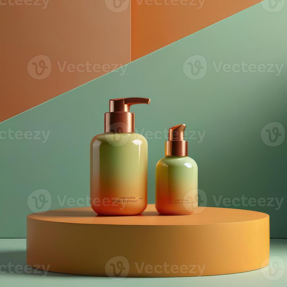 ai genererad två ljus grön kosmetisk skönhet produkt pallplatser, pastell orange gul lutning bakgrund, minimal attrapp bakgrund för produkt kosmetisk presentation 3d tolkning foto