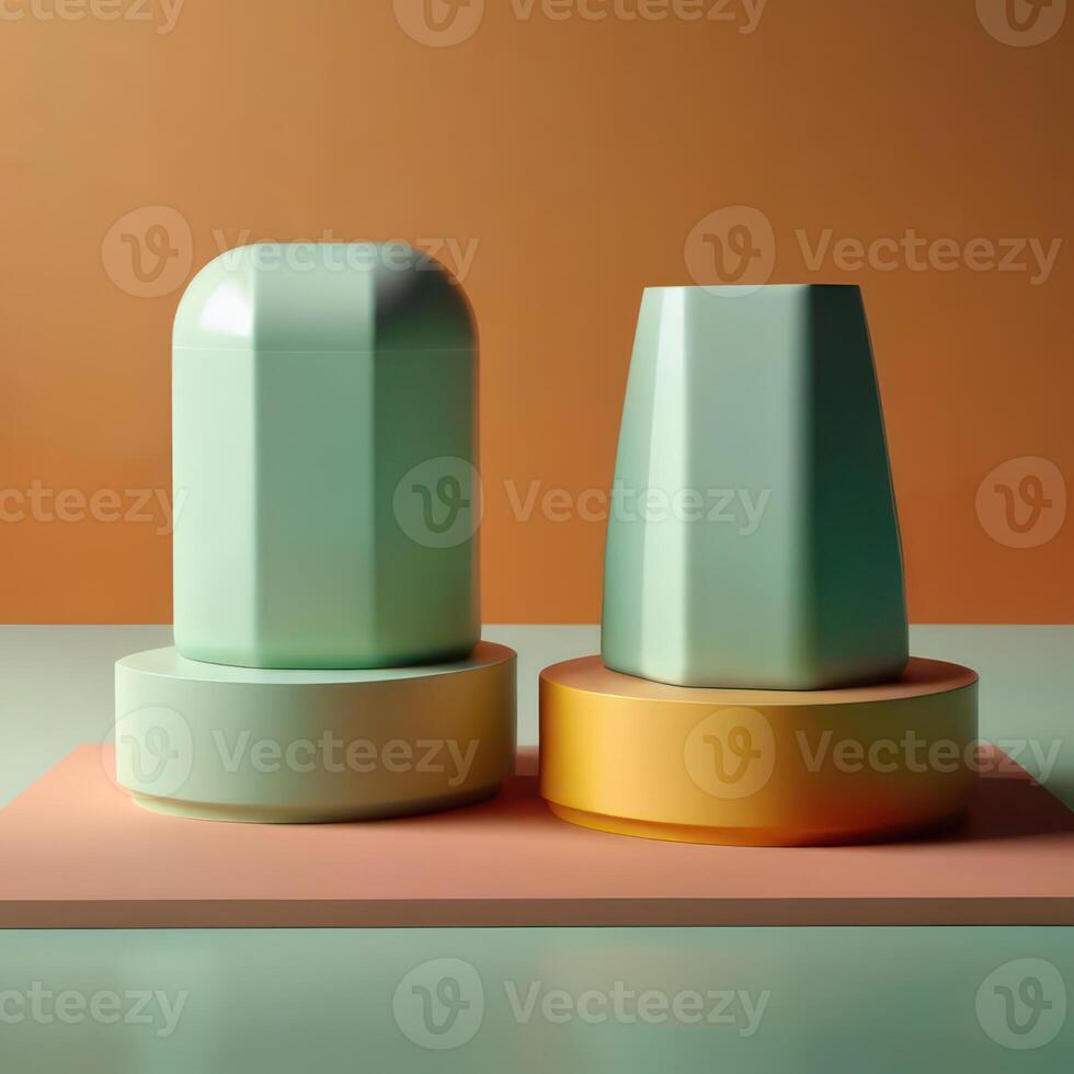 ai genererad två ljus grön kosmetisk skönhet produkt pallplatser, pastell orange gul lutning bakgrund, minimal attrapp bakgrund för produkt kosmetisk presentation 3d tolkning foto