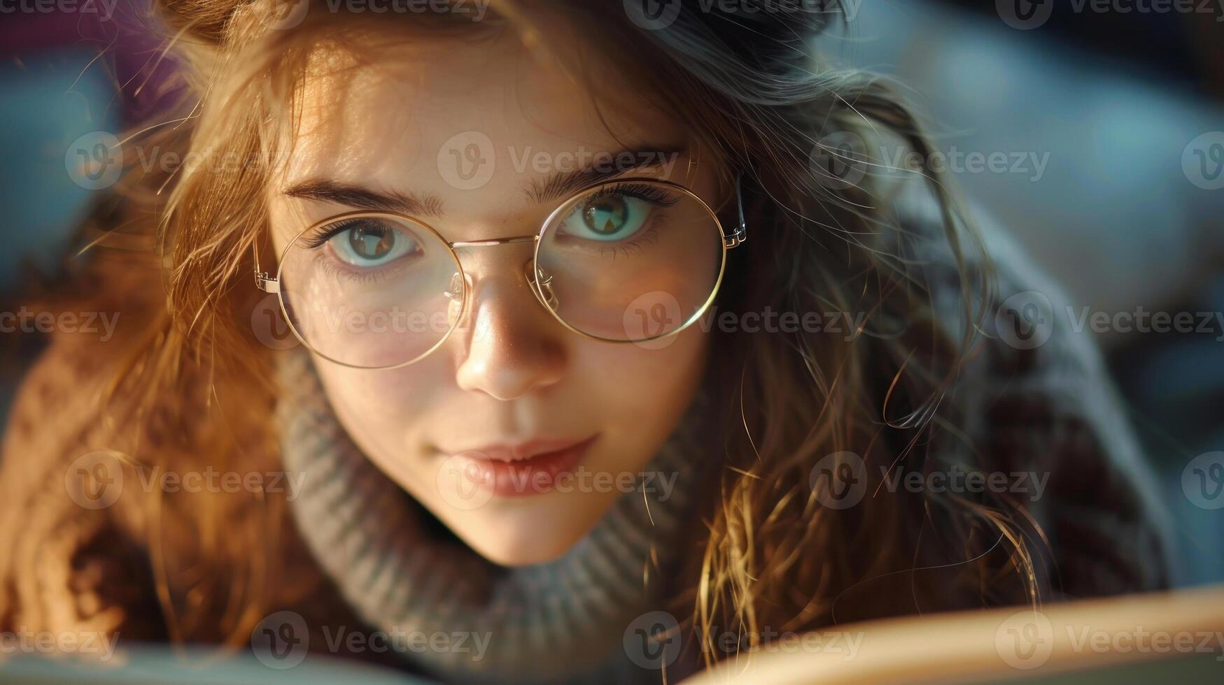 ai genererad en kvinna med glasögon är läsning en bok foto