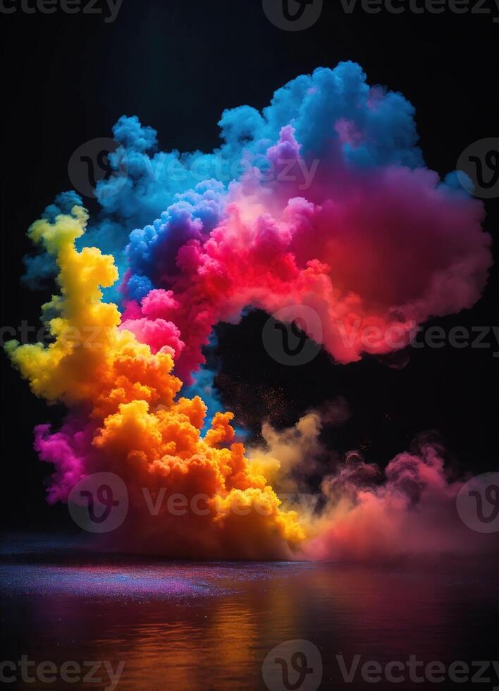 ai genererad färgrik moln med rök på svart bakgrund. ai generativ foto