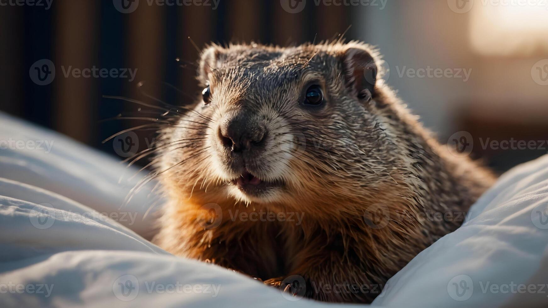 groundhog kikar ut av säng i en filt, groundhog dag. foto