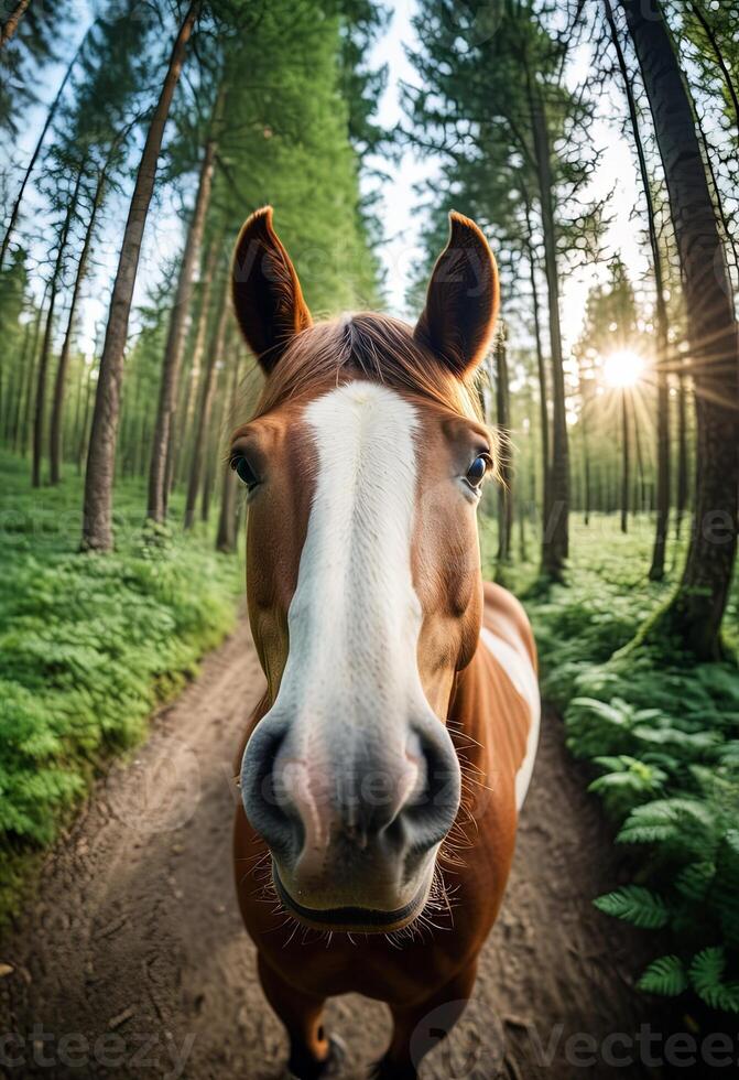 ai genererad djur- göra selfie i skog. närbild häst i skog ta selfie. samspel mellan vilda djur och växter och modern fotografi trender foto