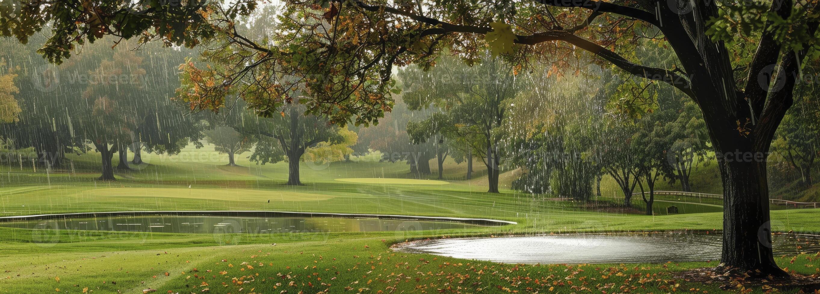 ai genererad regn falls på de gräs runt om en små damm. foto