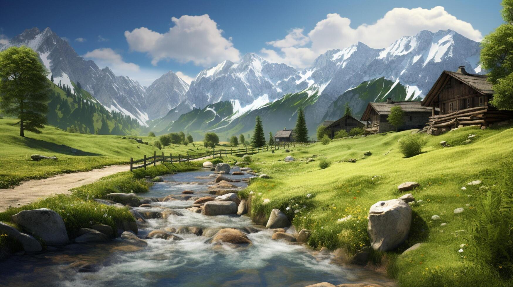 ai genererad berg byar och alpina levande bakgrund foto