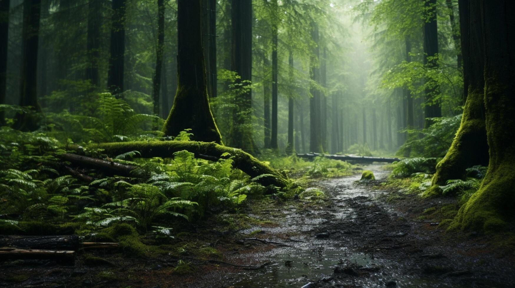 ai genererad regnig skog spår bakgrund foto