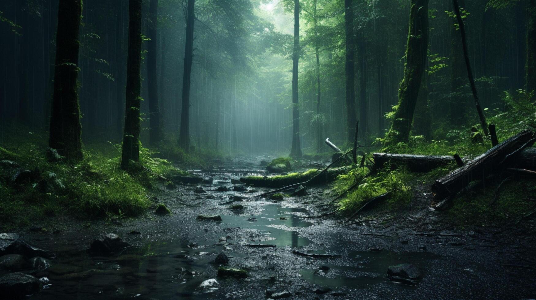 ai genererad regnig skog lugn bakgrund foto