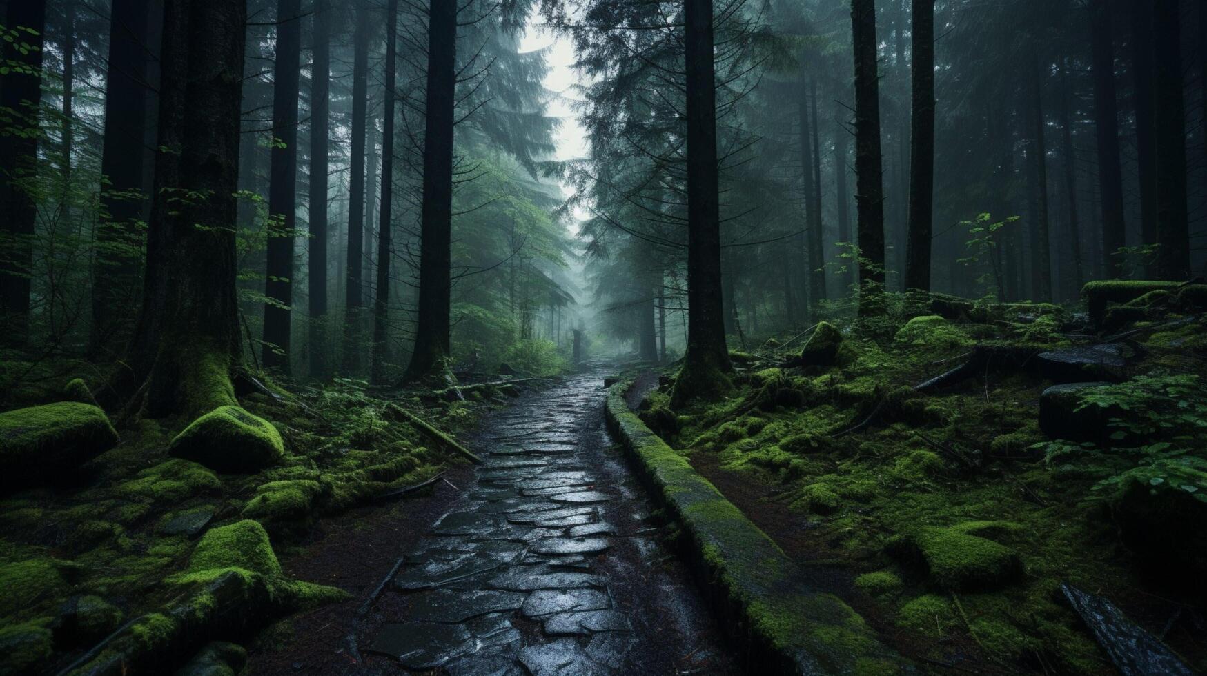 ai genererad regnig skog promenader bakgrund foto