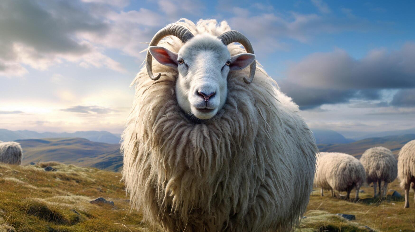 ai genererad en får står på en kulle utsikt en dal foto