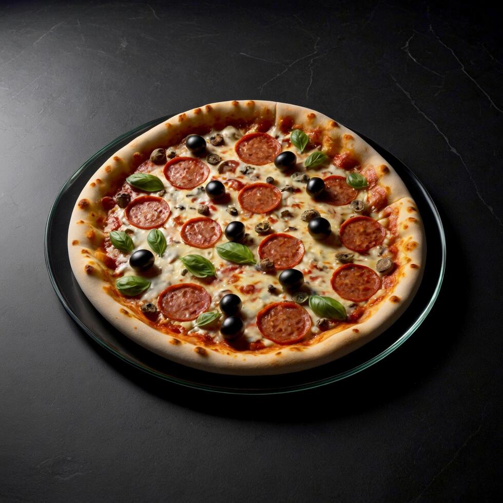 ai genererad zza dekoration .realistisk svamp pizza med spansk peppar .pizza dekoration fotografi. foto