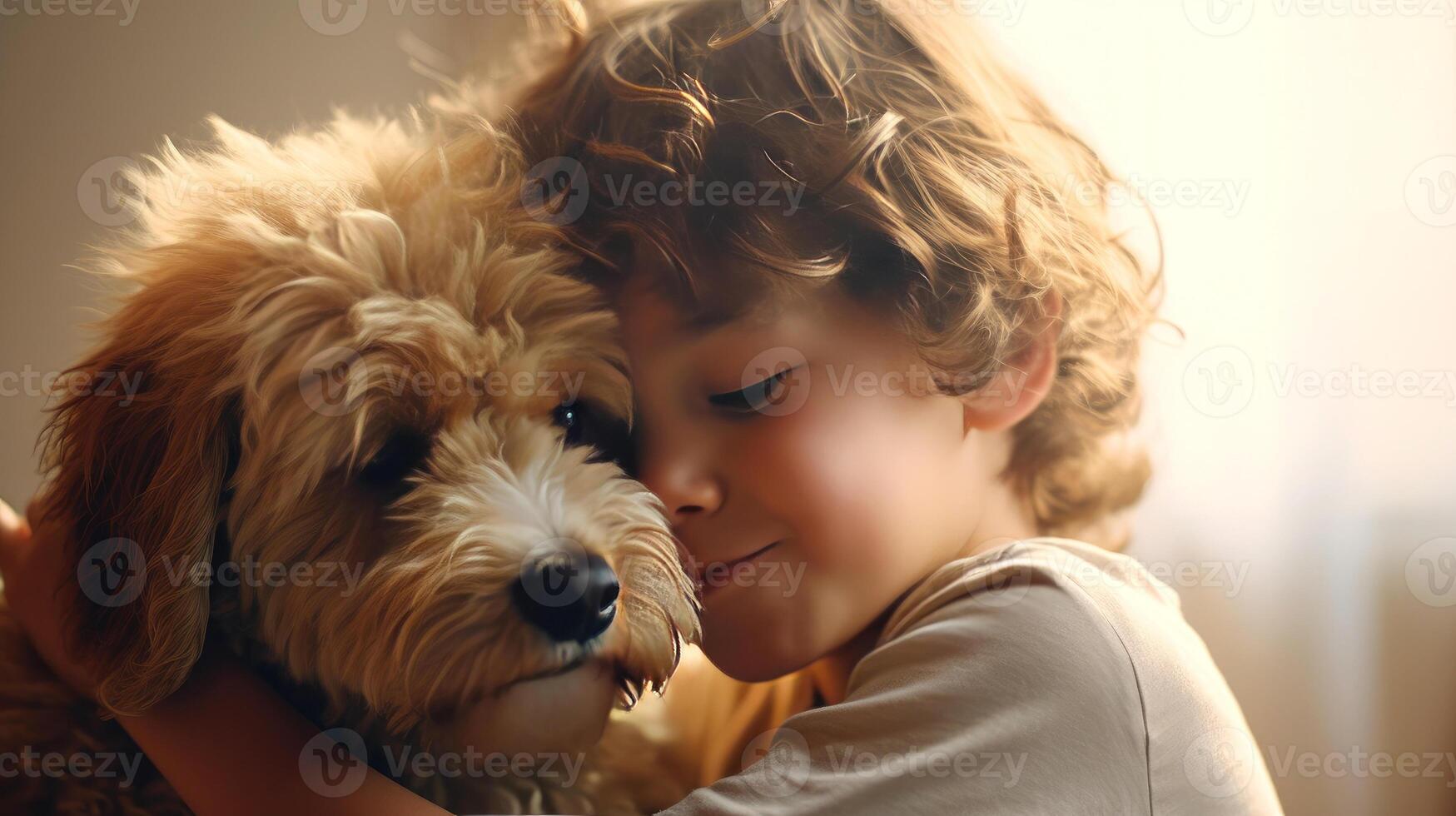 ai genererad ung pojke kramas lurvig hund närbild porträtt. vänskap och anbud känslor mellan mänsklig och djur- begrepp. ai genererad illustration. foto