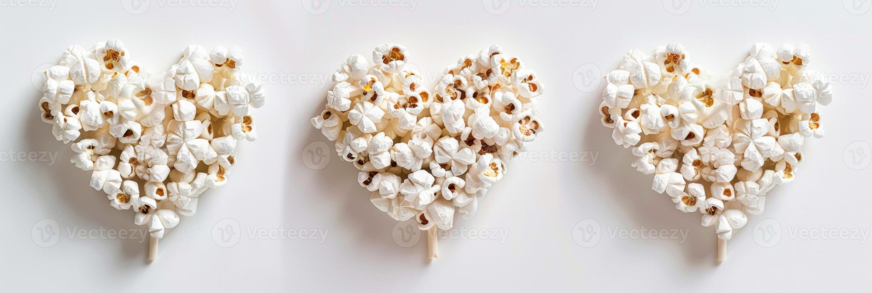 ai genererad popcorn hjärtan anordnad på en vit bakgrund frammanande mellanmål kärlek och en kreativ mat begrepp foto