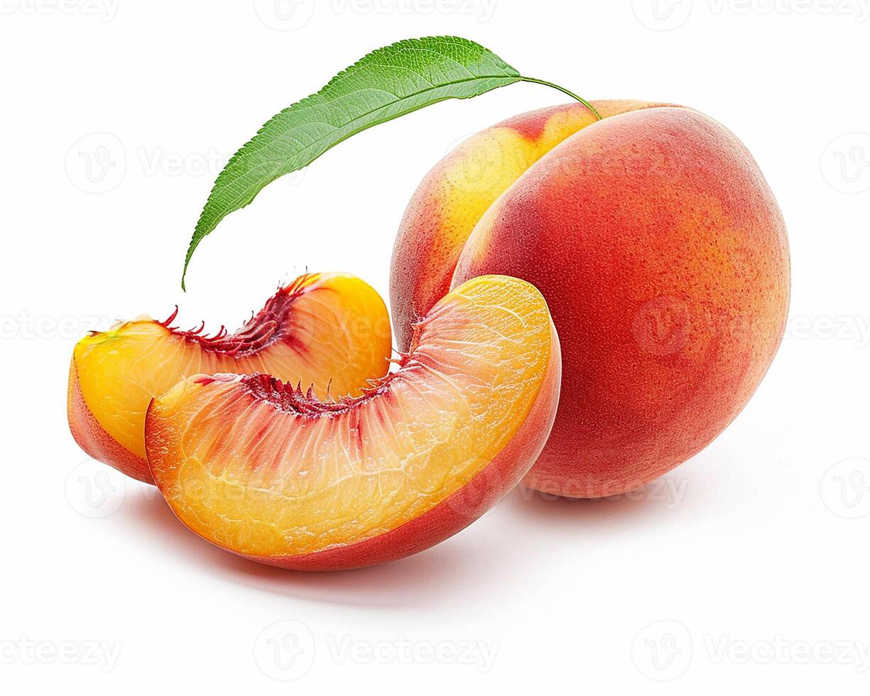 ai genererad hela persika frukt med skiva isolerat på vit bakgrund. närbild skott. foto