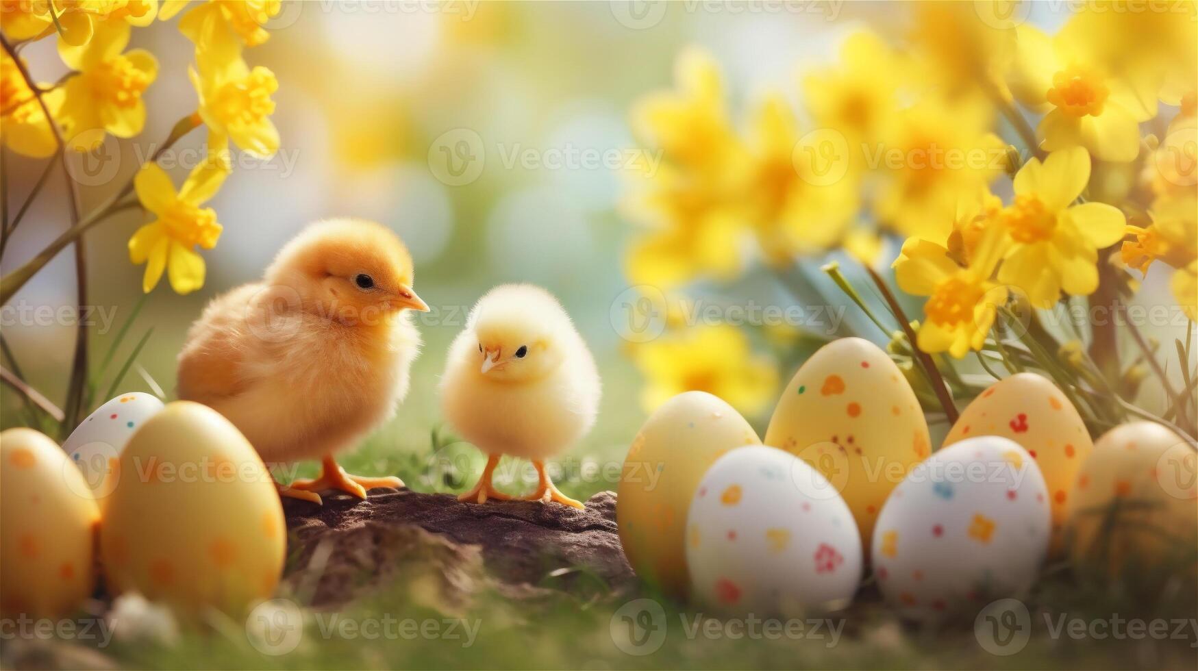ai genererad söt påsk kycklingar omgiven förbi målad ägg och blommor. vår Semester begrepp. ai generativ foto