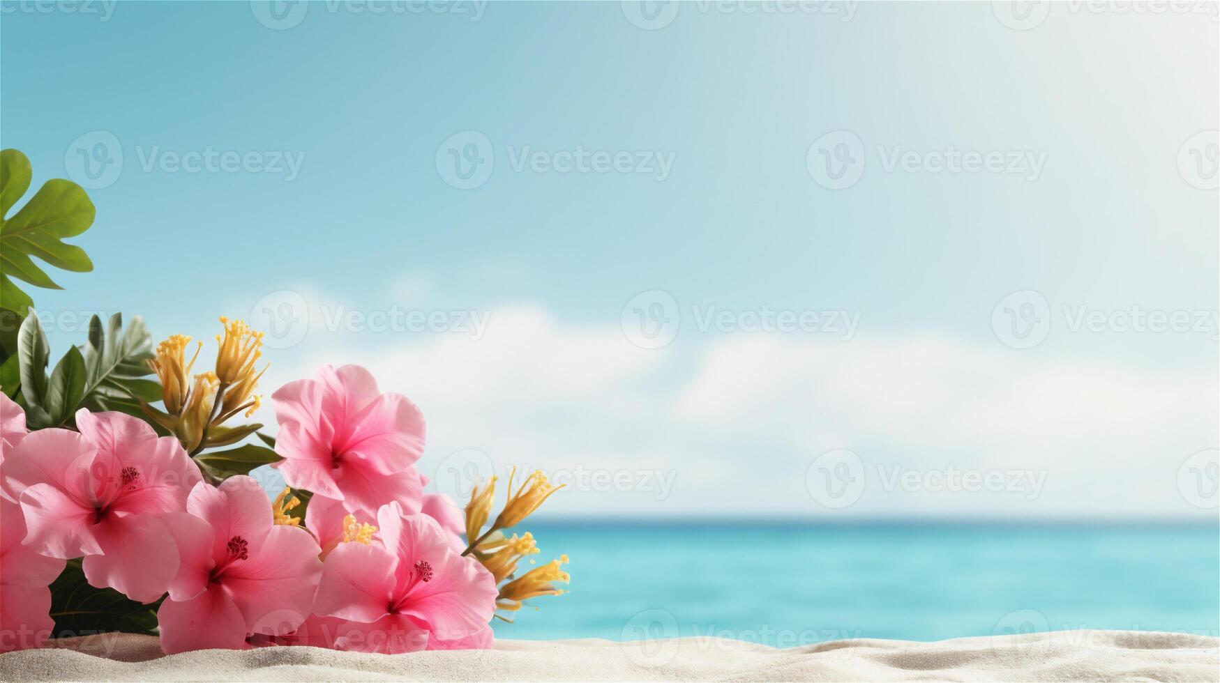 ai genererad sommar strand tillflykt bakgrund med blomning blomma stänga upp. blå hav vatten och sandig strand. solig sommar dag. kopia Plats. ai generativ foto