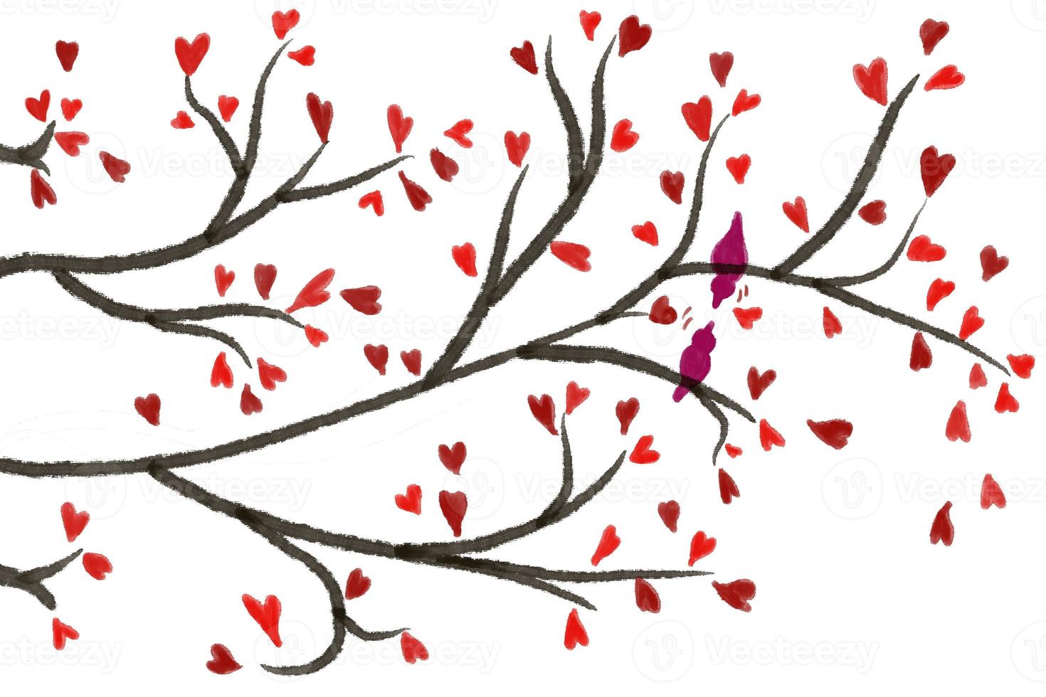 platt konst. trädkvistar med kärlekshjärtan. par fåglar älskar. illustration alla hjärtans dag. abstrakt bakgrund. på isolerade vit bakgrund. foto