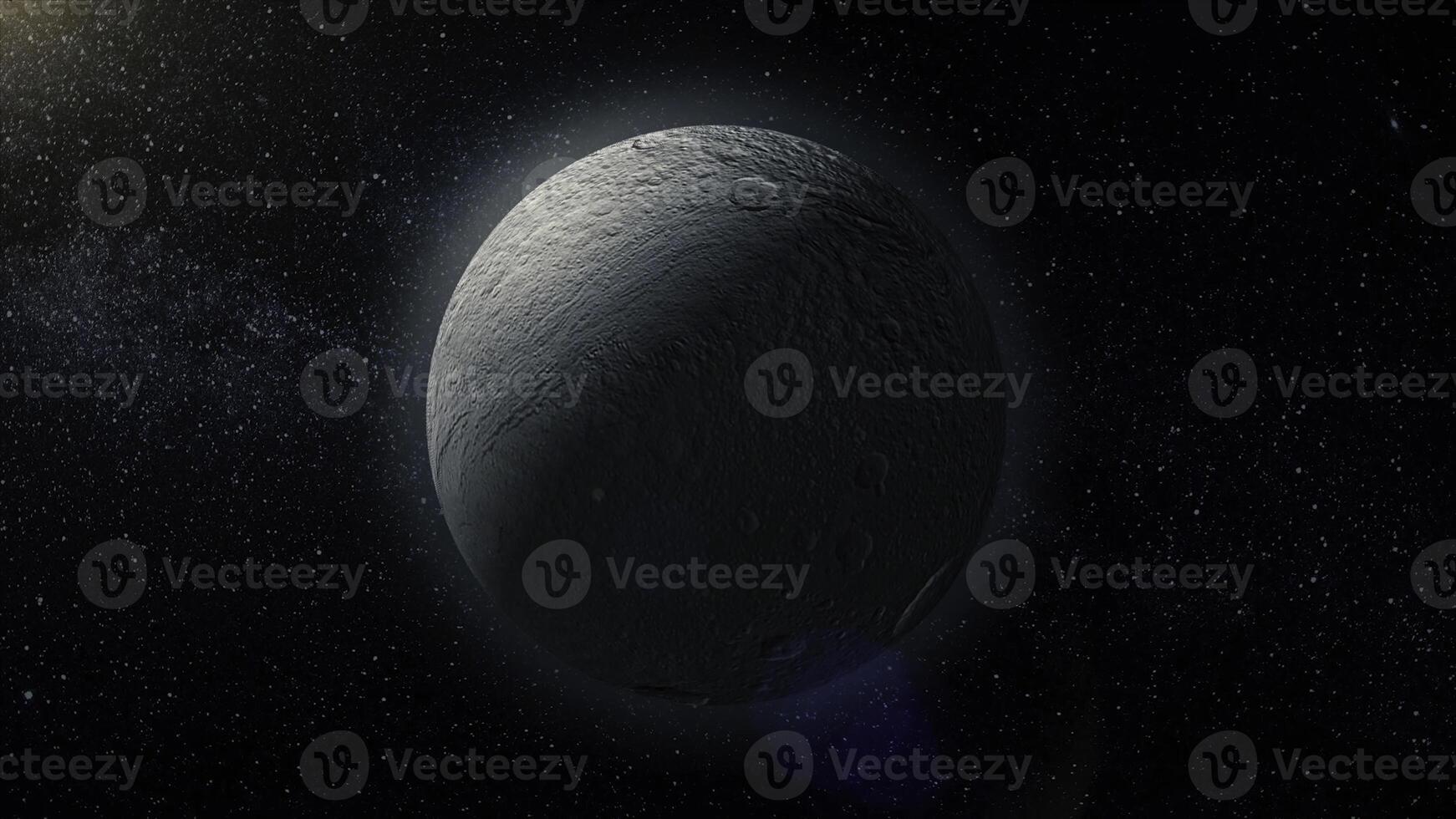rhea, medelstora måne av saturn på Plats bacground medelstora måne av saturnus. 3d tolkning. Rhea måne av saturn foto