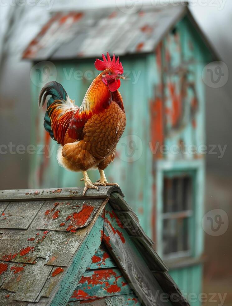 ai genererad tupp galande på de tak. ett bild av en kyckling stående på topp av de tak av en hus foto