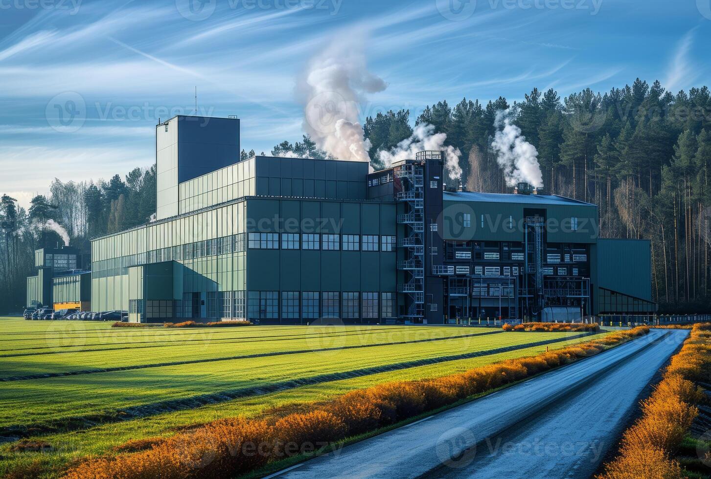 ai genererad industriell byggnad med rökning skorstenar i de fält foto