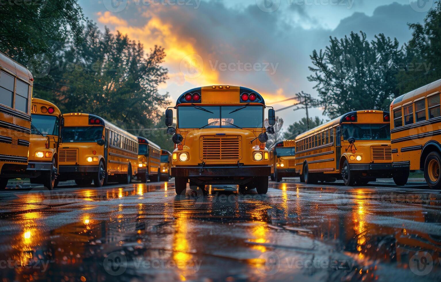 ai genererad skola bussar parkerad i massa på solnedgång foto