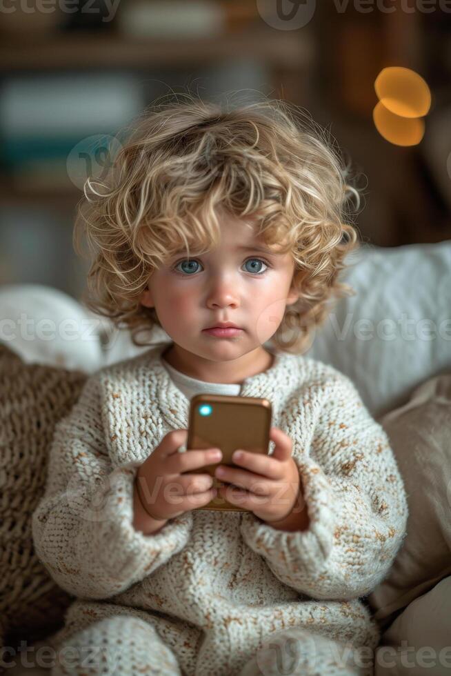 ai genererad söt liten pojke är använder sig av smart telefon medan Sammanträde på soffa på Hem. foto