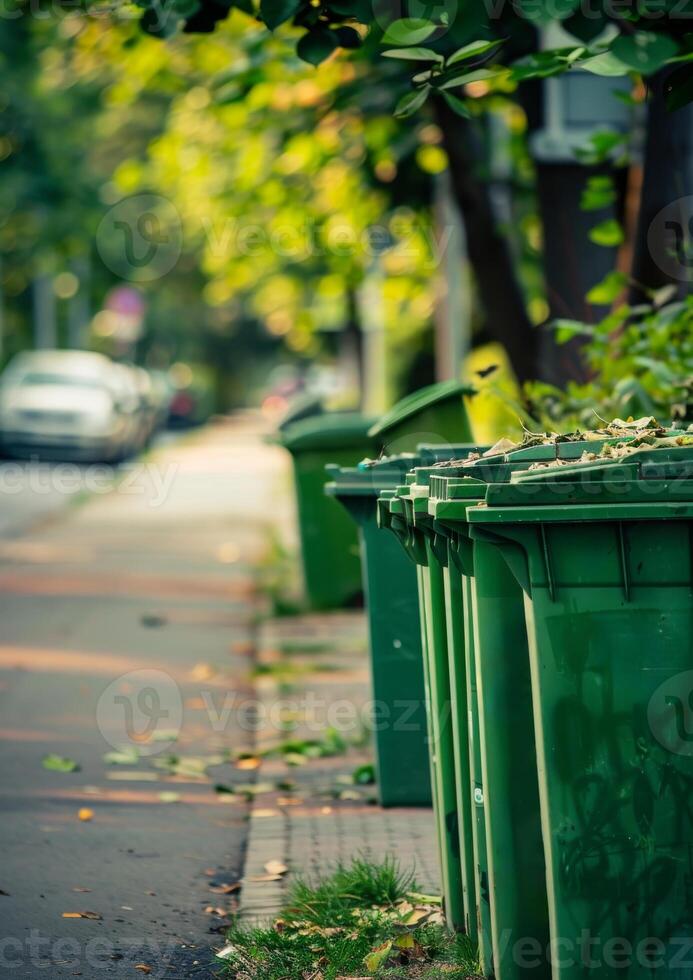 ai genererad grön sopor soptunnor på de gata foto