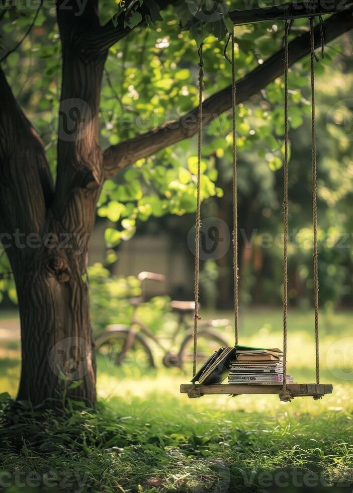 ai genererad böcker på gunga i de trädgård. ett gammal trä- gunga hängande från en träd i främre foto