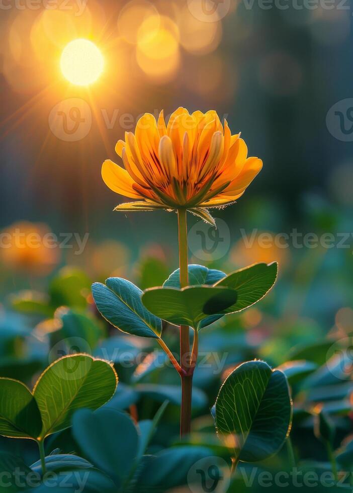 ai genererad gul blomma och grön löv i de trädgård med solljus bakgrund foto