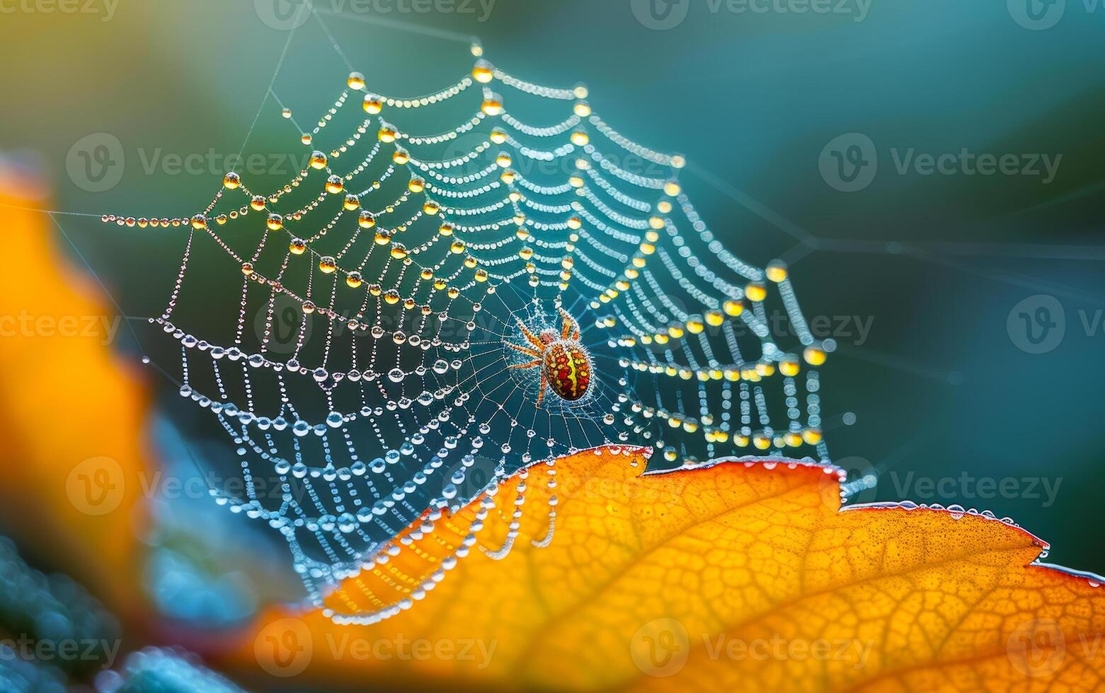 ai genererad Spindel webb med dagg droppar på färgrik lövverk i höst foto