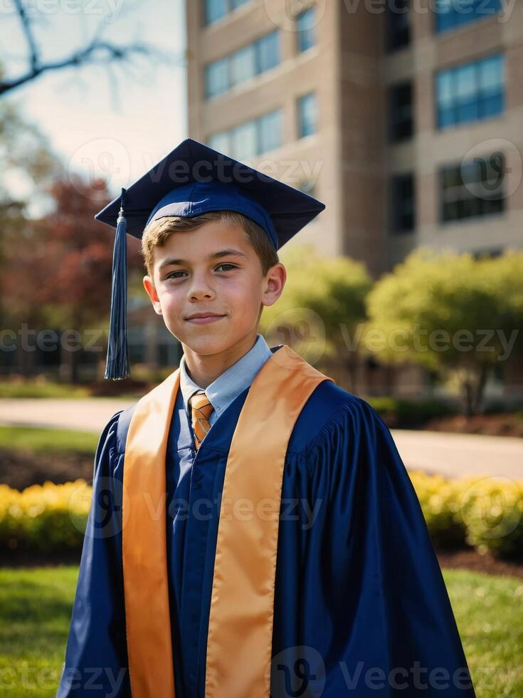 ai genererad leende pojke examen i keps och klänning på universitet campus på gyllene timme foto