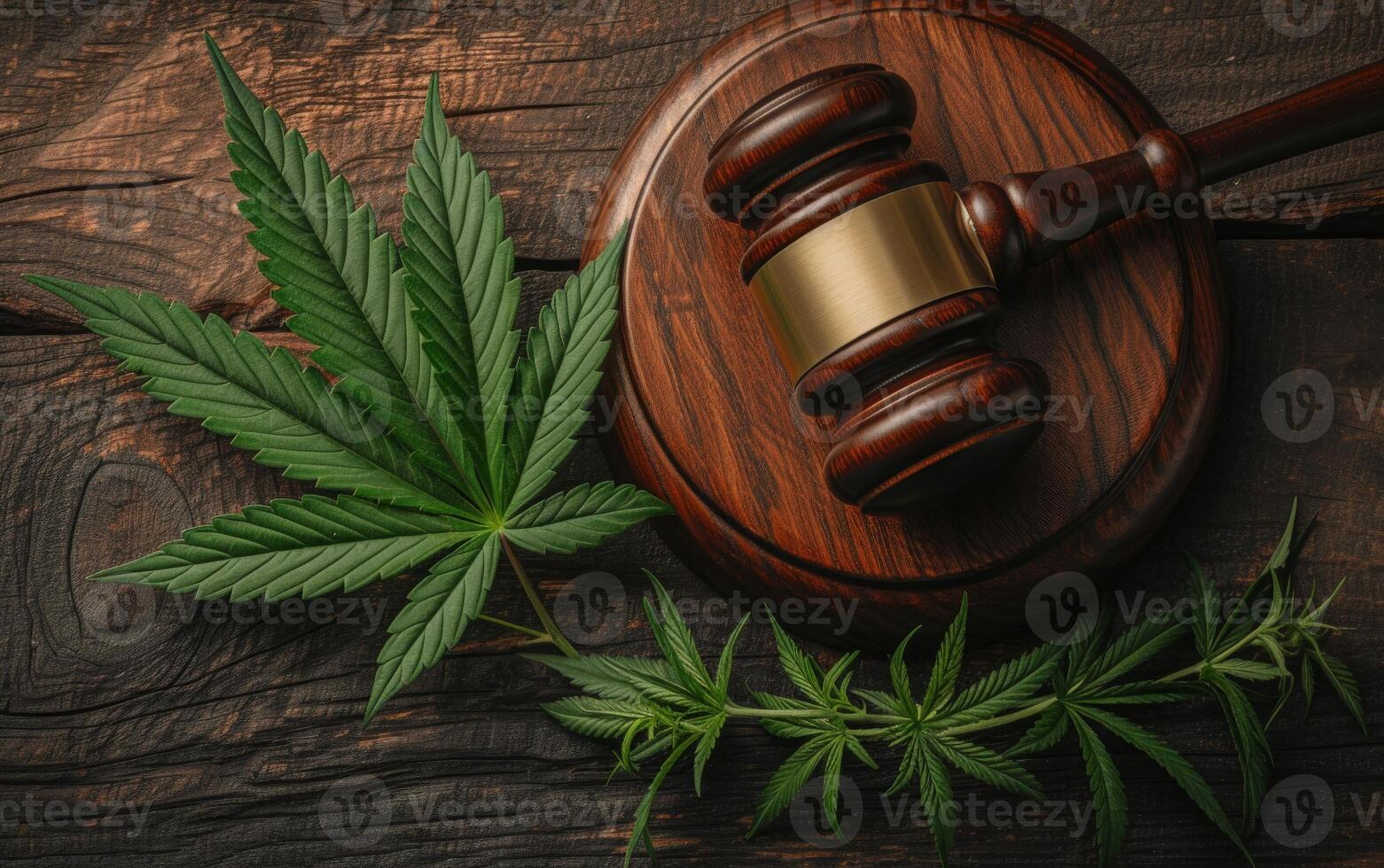 ai genererad en symbolisk representation av cannabis lag med en trä- bedöma klubban och cannabis löv foto