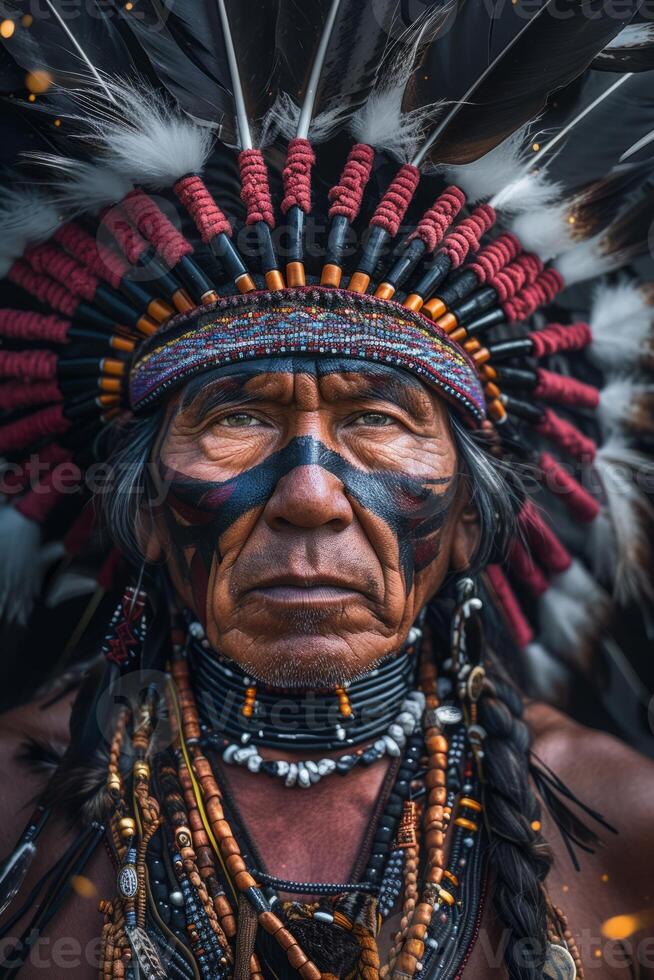 ai genererad ett aktad inföding amerikan äldre, Utsmyckad med en traditionell huvudbonad och regalier foto