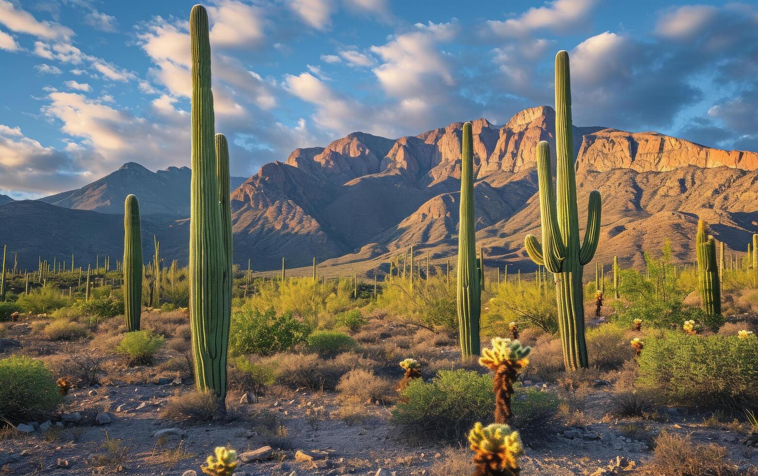 ai genererad lång saguaro kaktusar dominera de öken- landskap med en bakgrund av en berg räckvidd på solnedgång foto