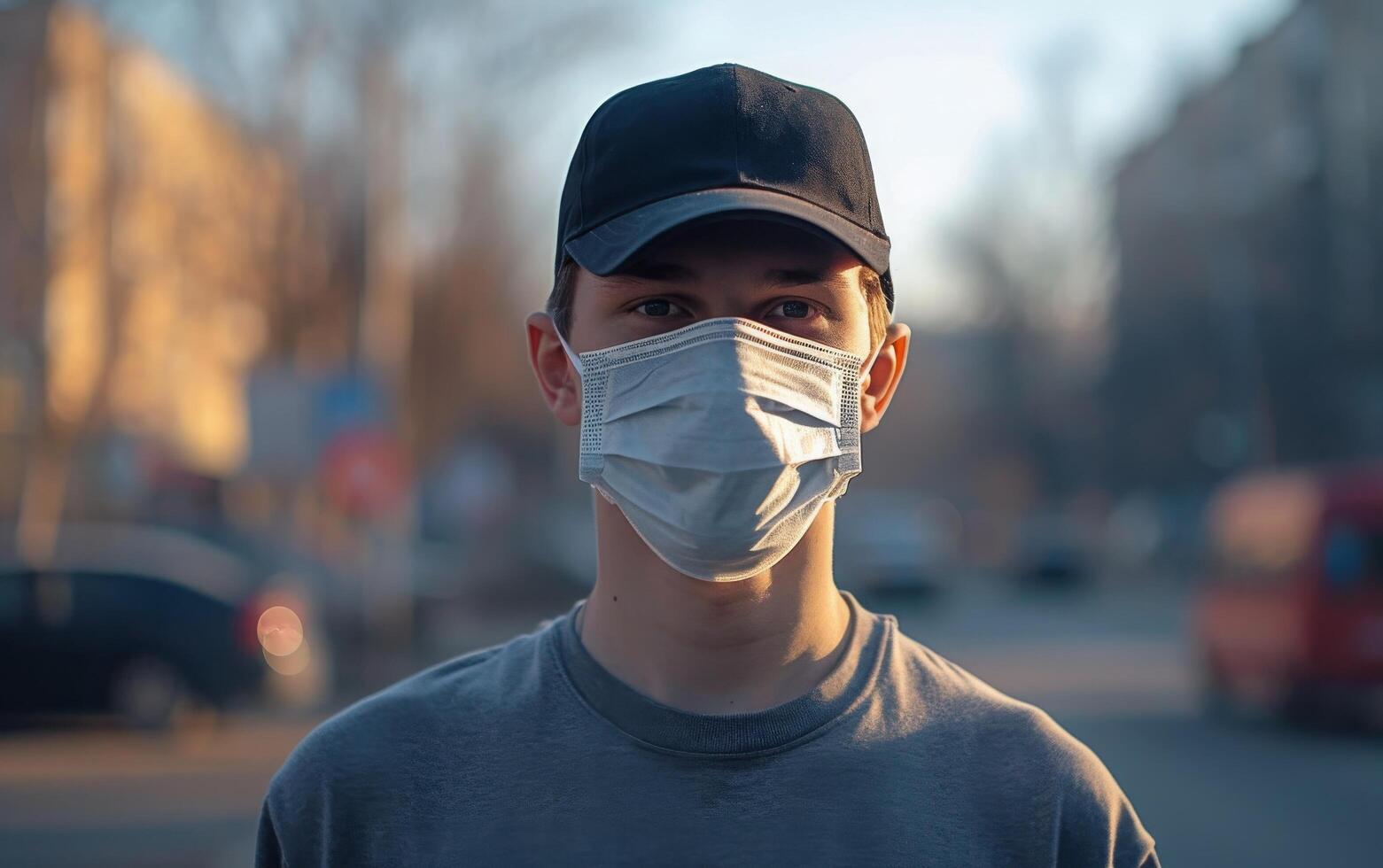 ai genererad en ung man med en svart keps och kirurgisk mask, ny vanligt i en livliga urban miljö foto
