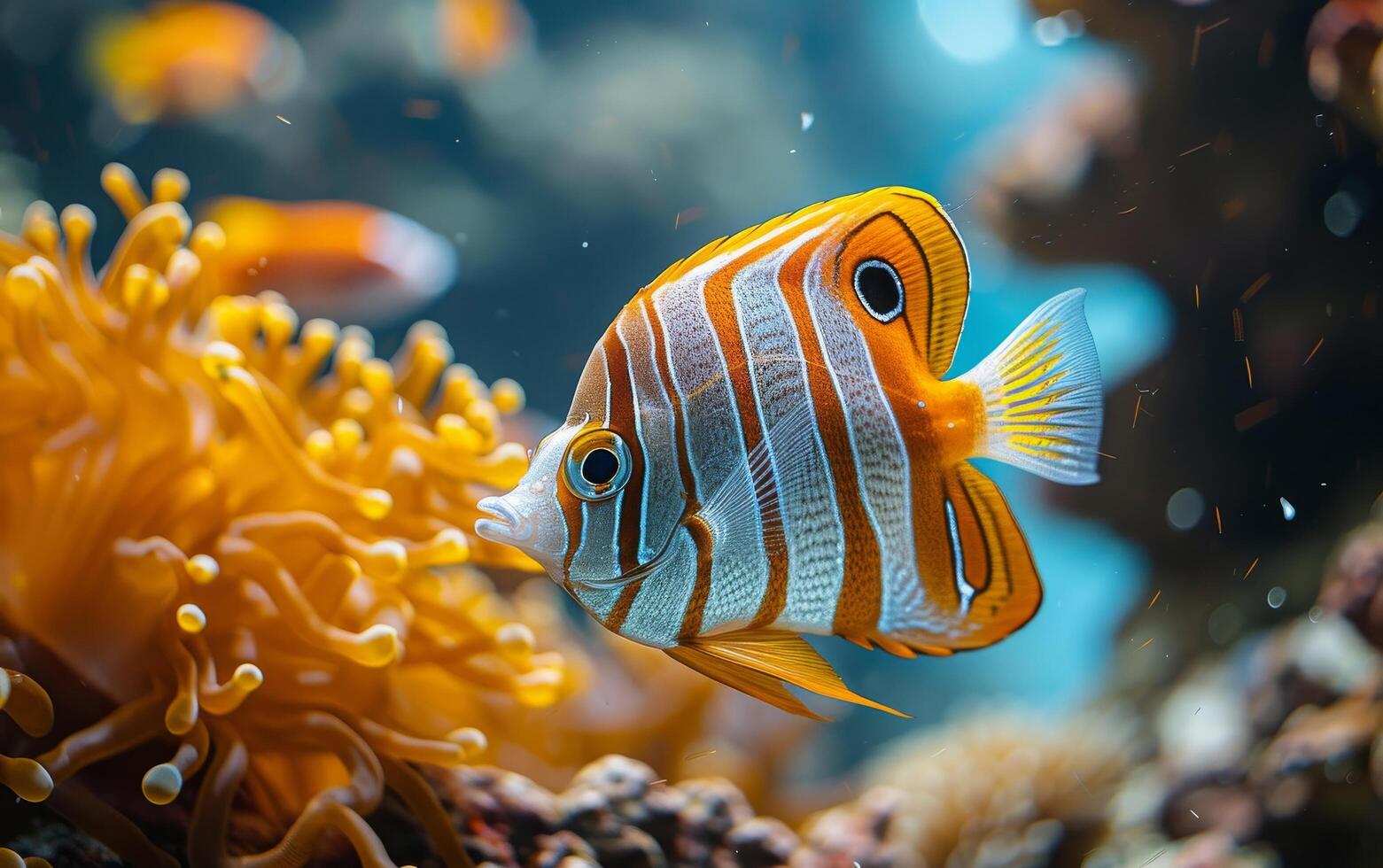 ai genererad en levande randig kopparband butterfly simmar graciöst nära de vibrerande koraller foto