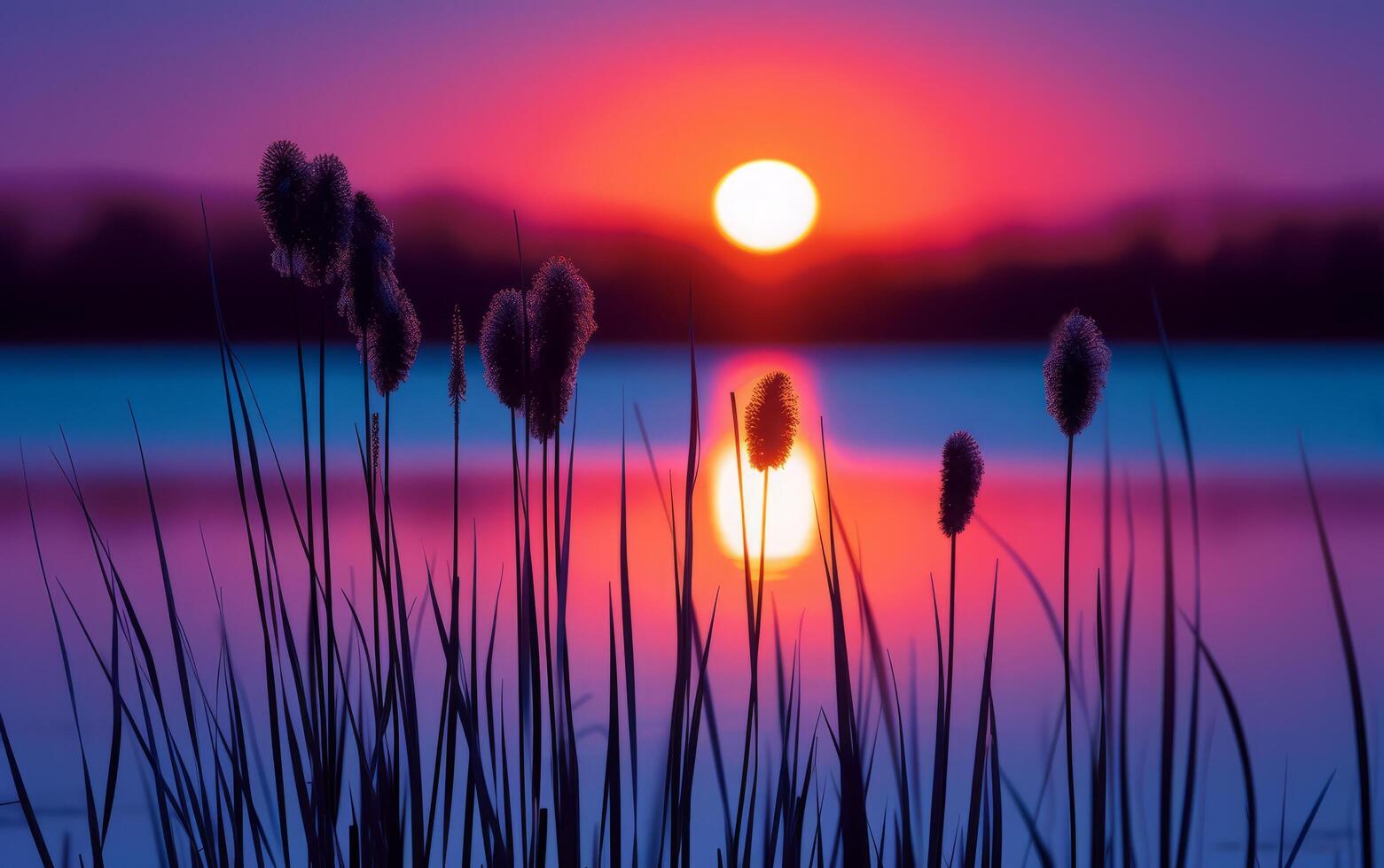 ai genererad de eldig klot av de miljö Sol glöder intensivt Bakom silhouetted cattails på de vatten kant foto