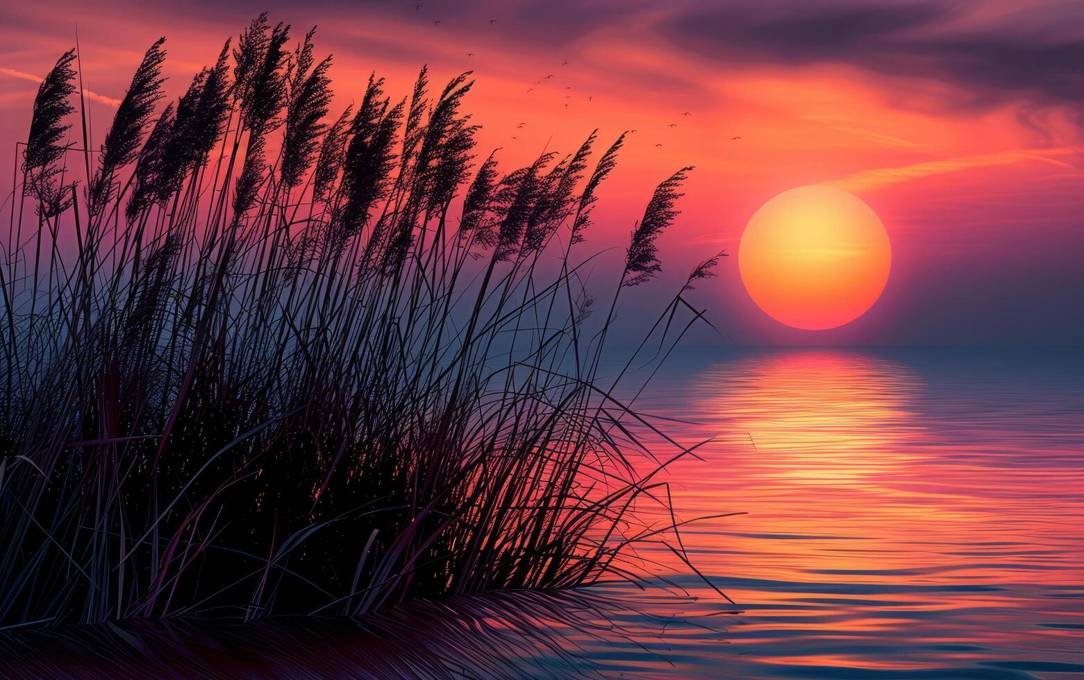 ai genererad vibrerande solnedgång nyanser måla de himmel och reflektera på lugn vattnen, med vass i silhuett foto