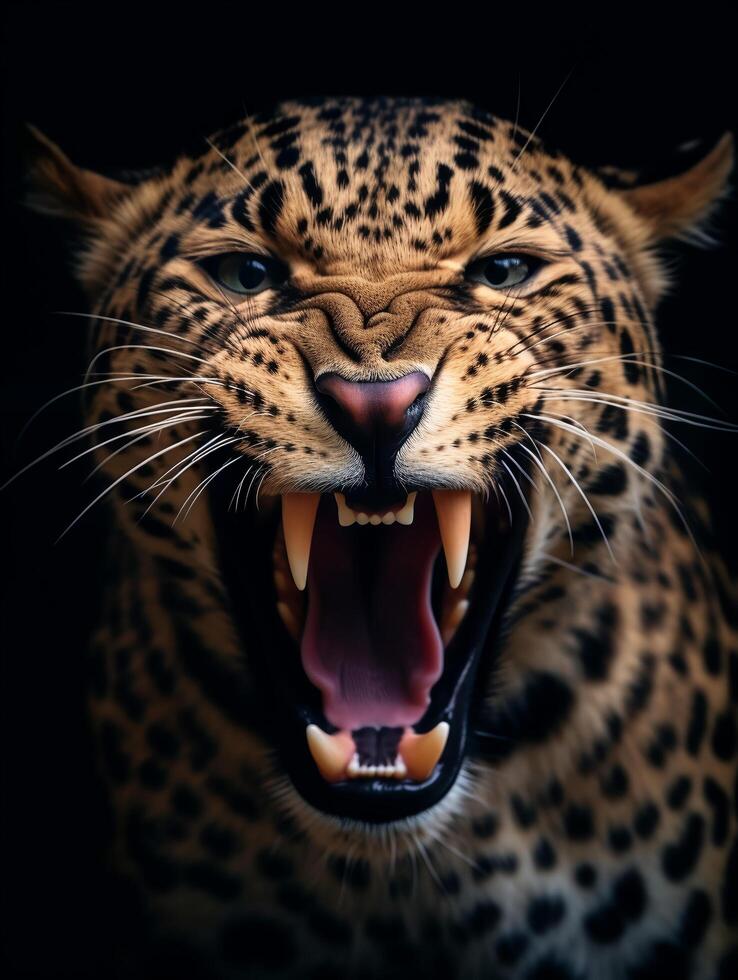 ai genererad stänga upp porträtt av en leopard med en rytande uttryck. generativ ai foto