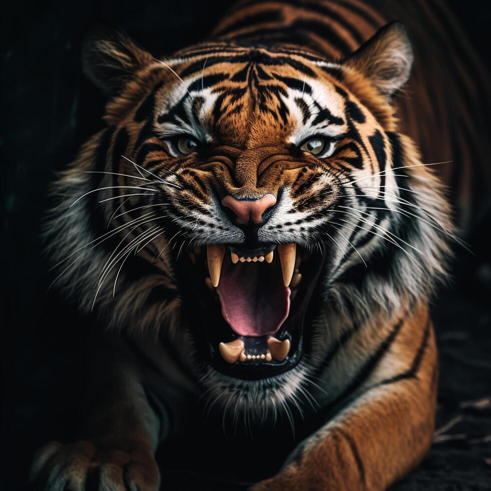 ai genererad stänga upp porträtt av en rytande tiger, generativ ai foto