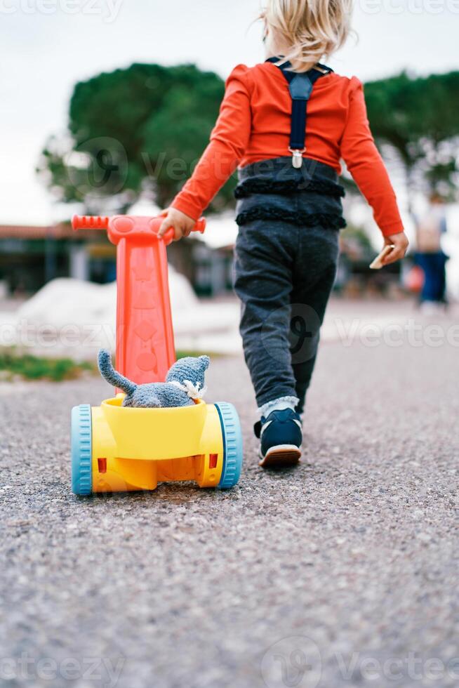 liten flicka är bärande en mjuk leksak i en leksak vagn på asfalt. tillbaka se foto