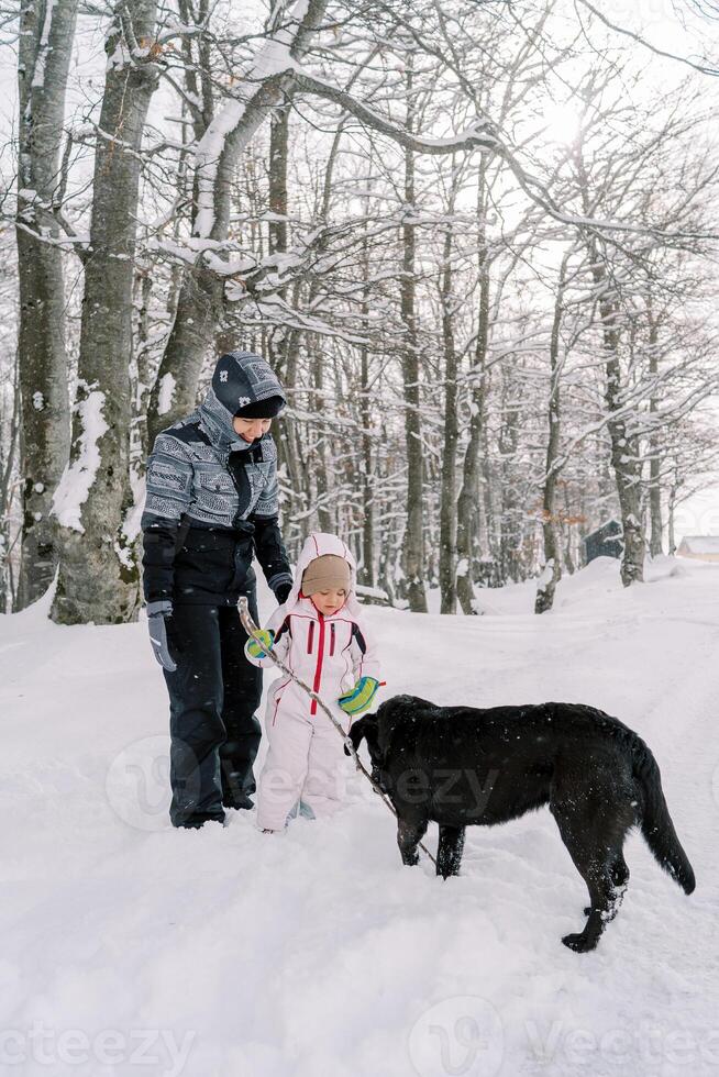 liten flicka händer en pinne till en svart hund medan stående med henne mor i en snöig skog foto