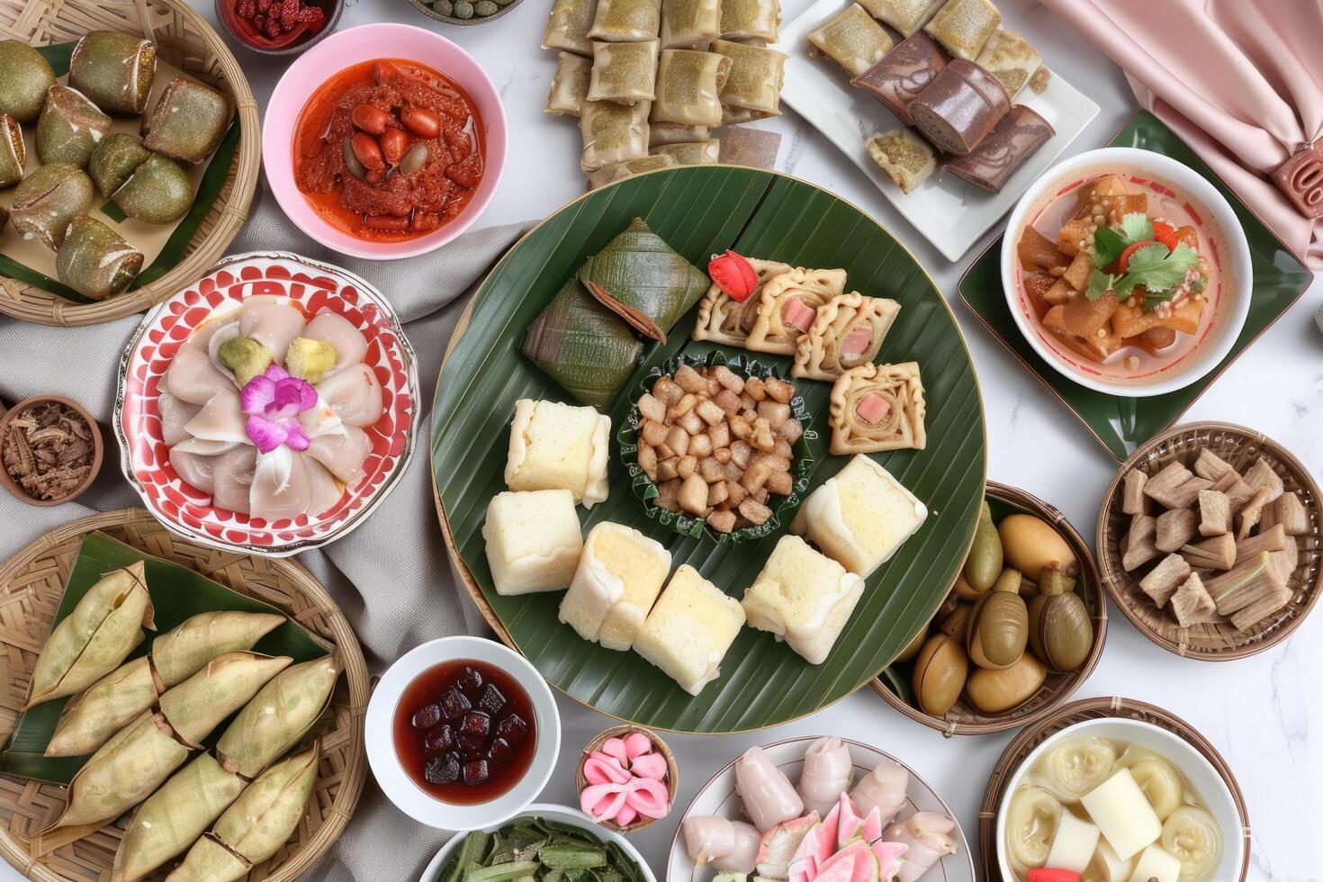 ai genererad Ketupat Lebaran meny, indonesiska fest maträtt ris kaka, olika sida maträtter, eid fester foto