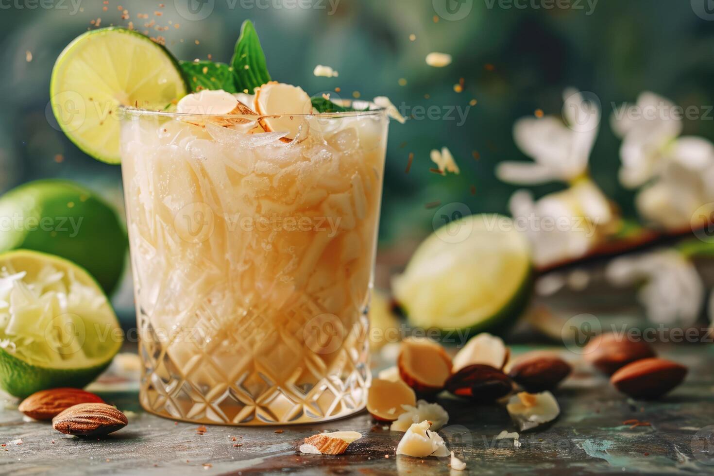 ai genererad mai tai tropisk cocktail med rom, kalk, mynta garnering, orange likör, amaretto sirap, mandlar foto