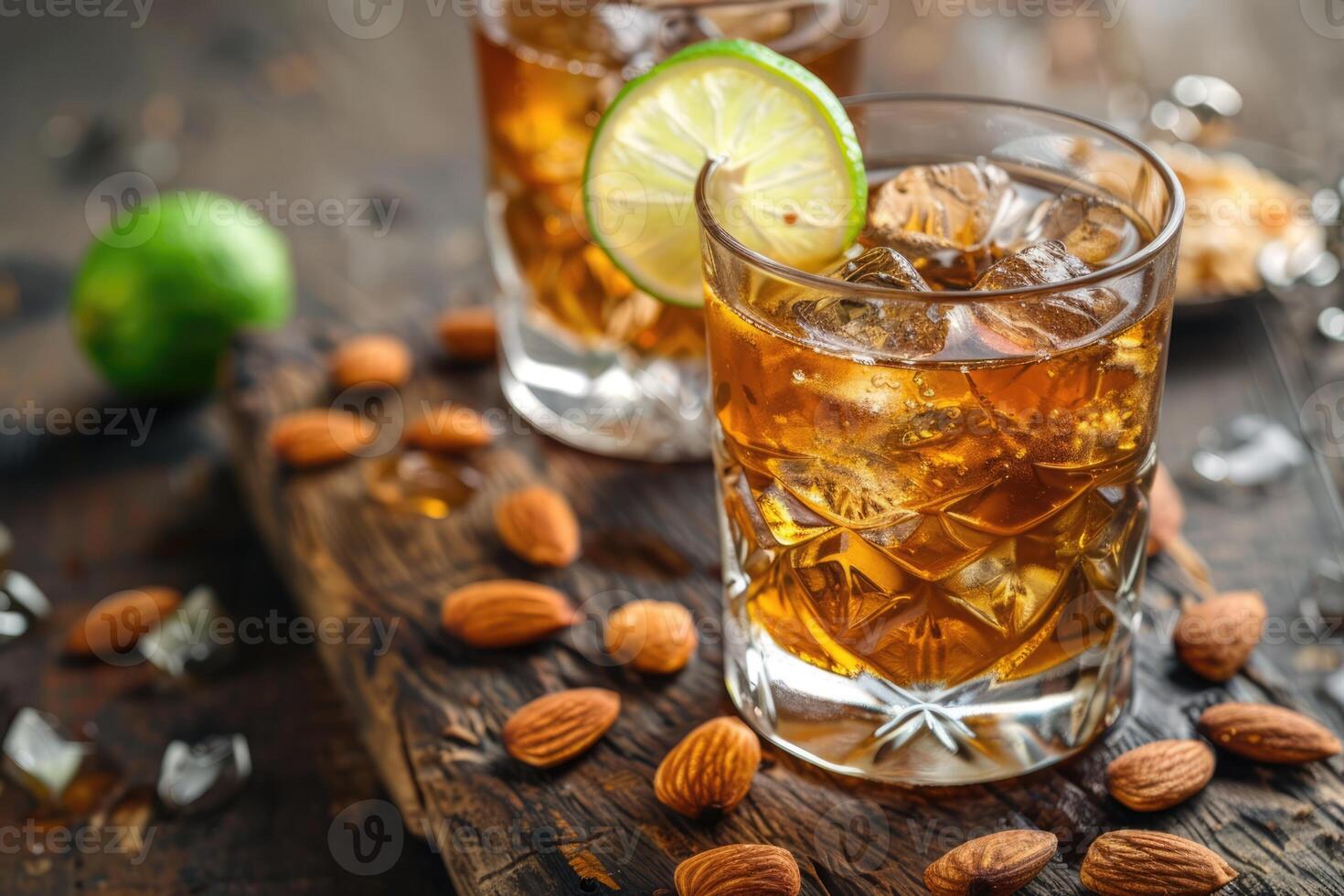 ai genererad mai tai tropisk cocktail med rom, kalk, mynta garnering, orange likör, amaretto sirap, mandlar foto