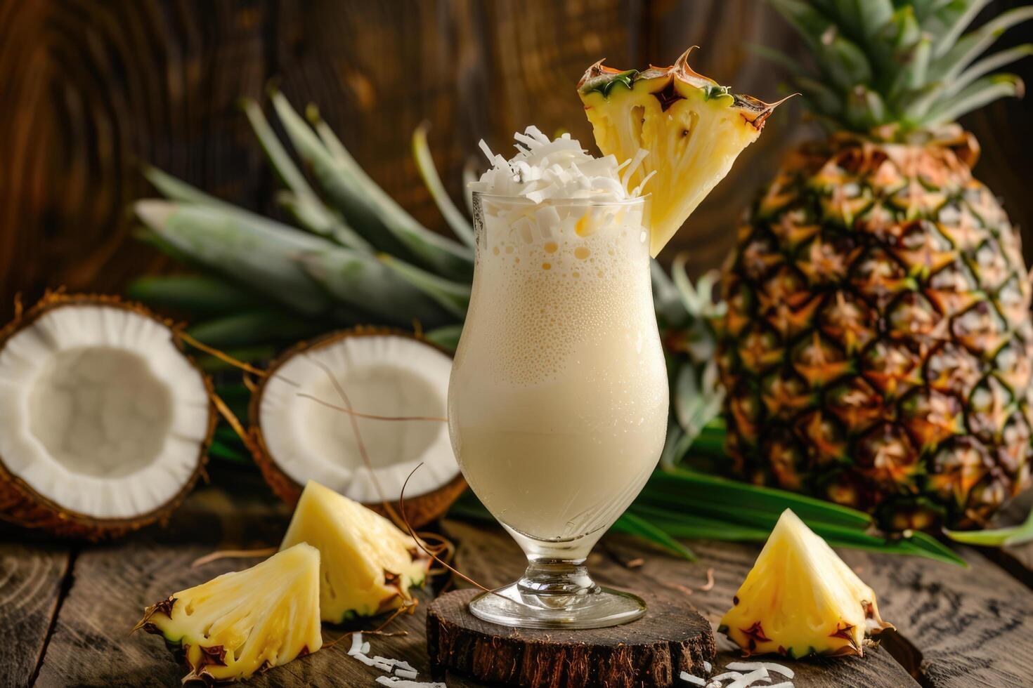 ai genererad tropisk pina colada cocktail eller mocktail med rom, kokos och ananas foto