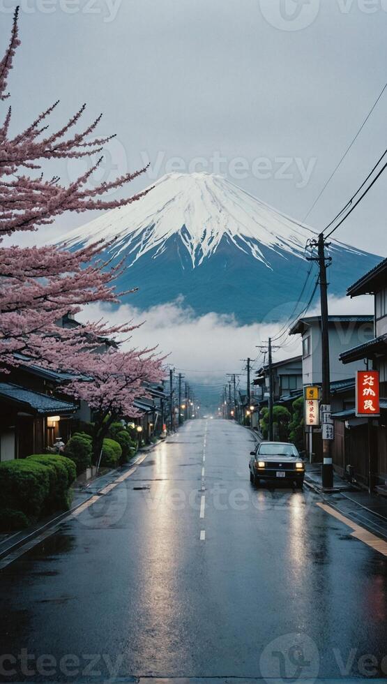 ai genererad pittoresk japansk gata Utsmyckad med blomning sakura träd med de majestätisk bakgrund av montera fuji foto