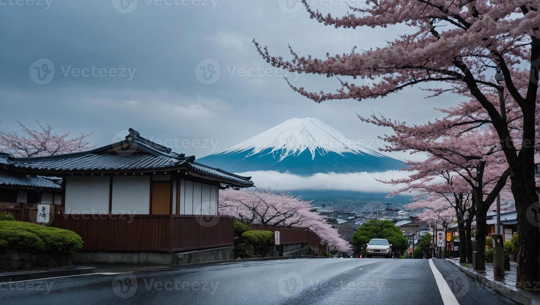 ai genererad pittoresk japansk gata Utsmyckad med blomning sakura träd med de majestätisk bakgrund av montera fuji foto