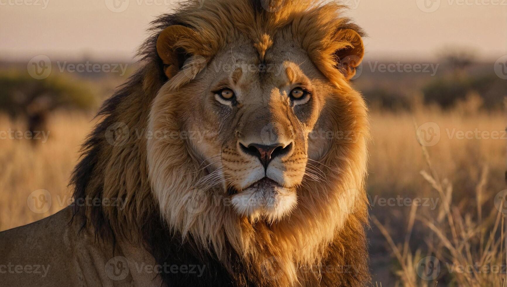 ai genererad stänga upp se av en majestätisk manlig lejon badade i de värma glöd av en miljö Sol i de omfattande afrikansk savann foto