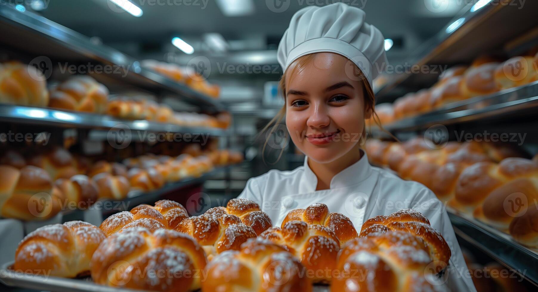 ai genererad ung professionell kvinna bagare innehav bricka med bullar i stor modern bageri foto